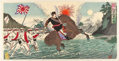 Een afbeelding van het heldhaftige gevecht van Kapitein Matsuzaki tijdens de slag bij Songhwan door Watanabe Nobukazu