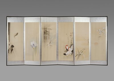 Paar vouwschermen: Bloemen van de twaalf maanden, ca. 1900 (inkt en kleur op papier) door Watanabe Seitei