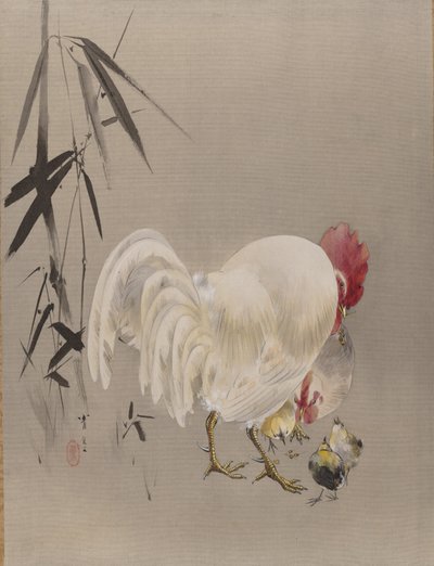Haan en Hen met Kuikens, ca. 1887 door Watanabe Seitei