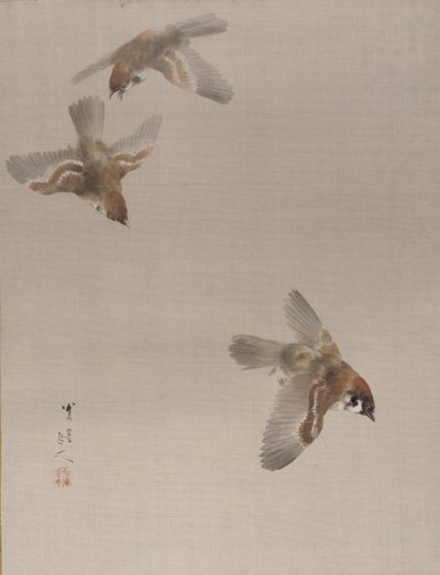 Mussen vliegen, ca. 1887 door Watanabe Seitei