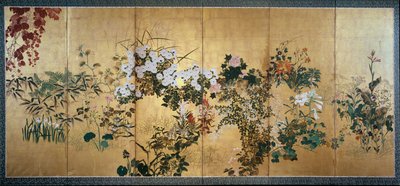 Scherm met herfst- en winterbloemen, begin 18e eeuw door Watanabe Shiko