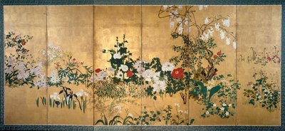 Scherm met lente- en zomerbloemen, begin 18e eeuw door Watanabe Shiko