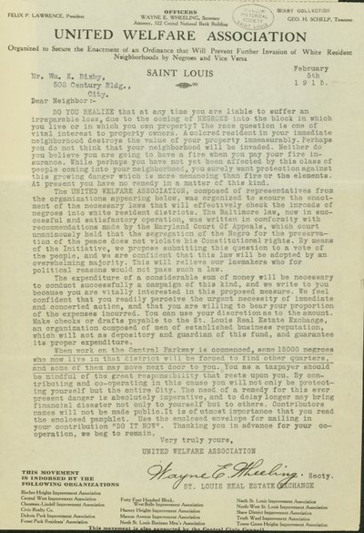Brief van Wayne E. Wheeling, United Welfare Association, aan Beste Buur, 5 februari 1915 door Wayne E. Wheeling