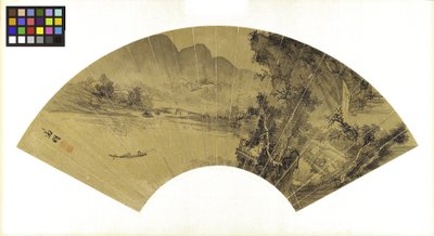 Landschap met meer, brug en visser, 16e eeuw door Wen Zhengming
