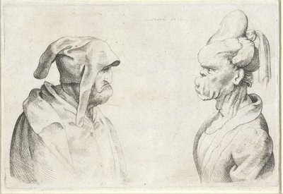 Misvormde koppen van een man met slappe muts en vrouw met opgebonden haar door Wenceslaus Hollar (attributed to)