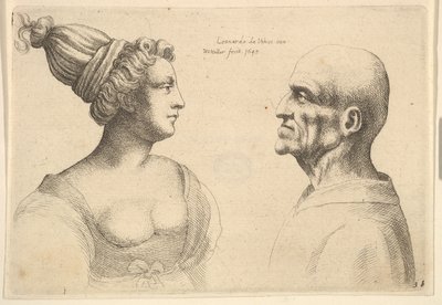 Een vrouw met haar naar achteren gebonden en een kale man die elkaar aankijken door Wenceslaus Hollar