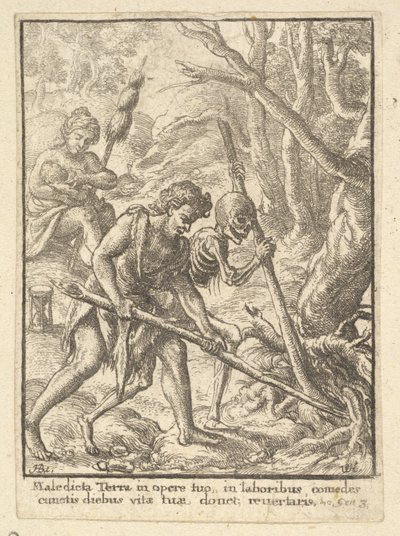 Adam aan het ploegen uit de Dans van de Dood door Wenceslaus Hollar