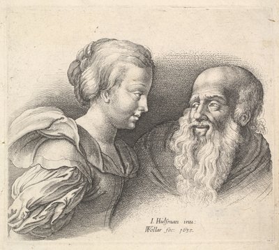 Een Oude Man en een Meisje, naar Hulsman, 1635 door Wenceslaus Hollar