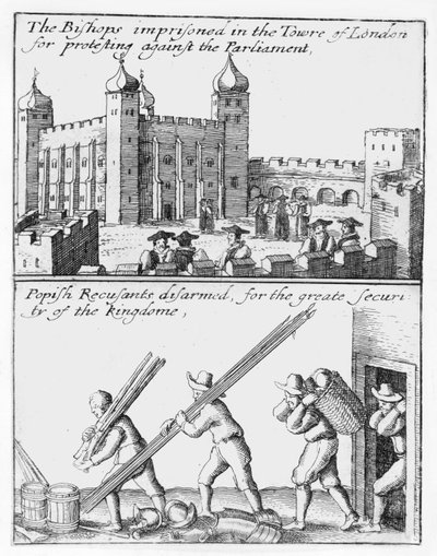 Bisschoppen opgesloten in de Tower of London; Papistische recusanten ontwapend door Wenceslaus Hollar