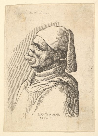 Buste van een misvormde man met een hoed en een dikke, uitstekende onderlip in profiel naar links door Wenceslaus Hollar