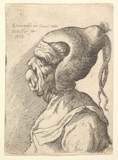 Buste van een misvormde vrouw met kegelvormige hoed en twee bungelende vlechten in profiel naar links door Wenceslaus Hollar