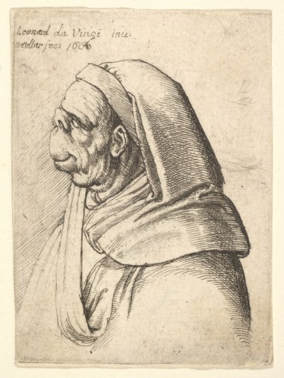 Borstbeeld van een man met een kleine opgewipte neus en zeer hoge bovenlip, met kap, in profiel door Wenceslaus Hollar
