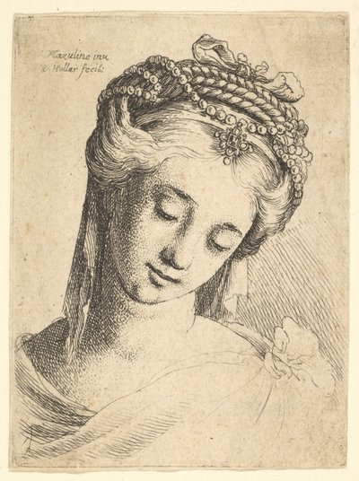 Buste van een Jonge Vrouw met Uitgebreid Hoofddeksel, Neerkijkend door Wenceslaus Hollar