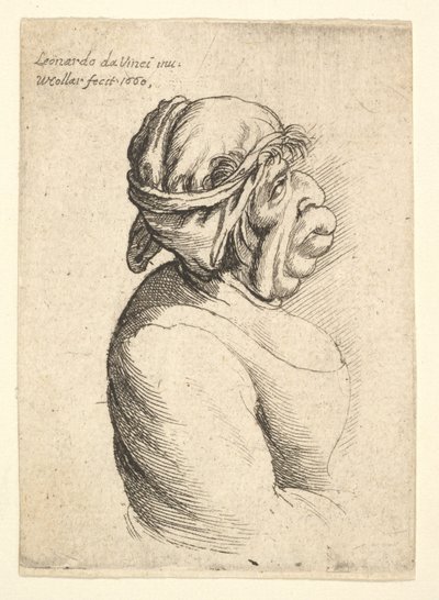 Borstbeeld van vrouw met vooruitstekende mond die een laag uitgesneden jurk en doek om haar hoofd draagt, 1660 door Wenceslaus Hollar