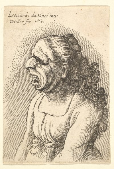 Borstbeeld van vrouw met wijd open mond en lang krullend haar over haar schouders, 1665 door Wenceslaus Hollar