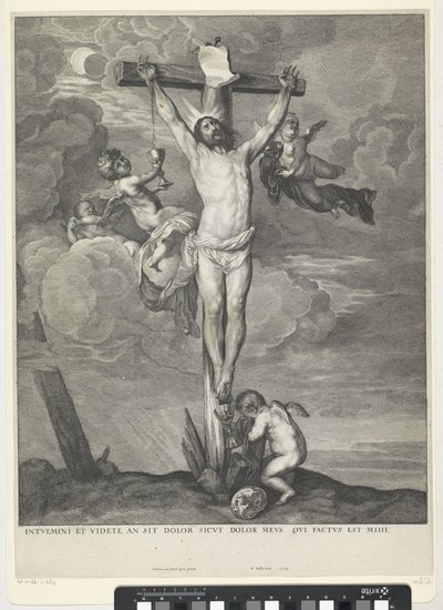 Christus aan het kruis met engelen door Wenceslaus Hollar