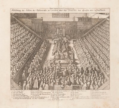 Afbeelding van de zitting van het Parlement van Londen over de veroordeling van de Graaf van Stafford, ca. 1642 door Wenceslaus Hollar
