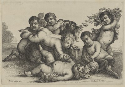 Drie jongetjes, twee saters, een bacchant en een geit door Wenceslaus Hollar