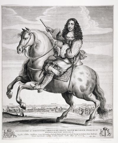 Ruiterportret van Karel II (1630-85) met een landschap, gepubliceerd ca. 1670 door Wenceslaus Hollar