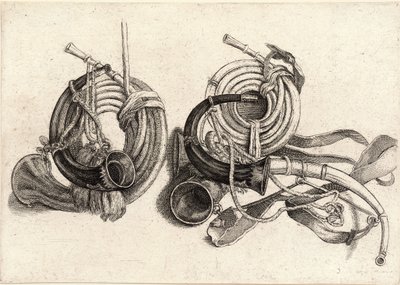 Vijf jachthoorns door Wenceslaus Hollar