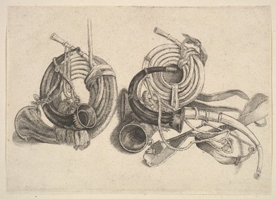 Vijf jachthoorns, 1625-77 door Wenceslaus Hollar