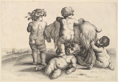 Vier jongens, een jonge sater en een geit, 1647 door Wenceslaus Hollar