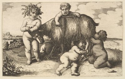 Vier jongens, een jonge sater en een geit kopie in omgekeerde richting door Wenceslaus Hollar