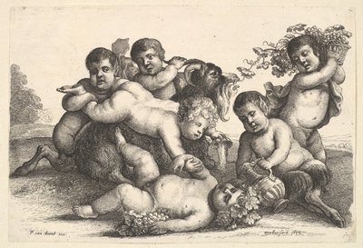 Vier jongens, twee saters en een geit, 1654 door Wenceslaus Hollar