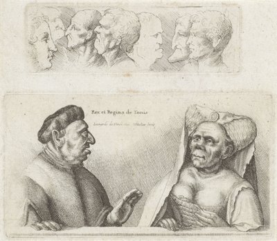 Fries met studiekoppen / Karikaturen van de koning en koningin van Tunesië door Wenceslaus Hollar