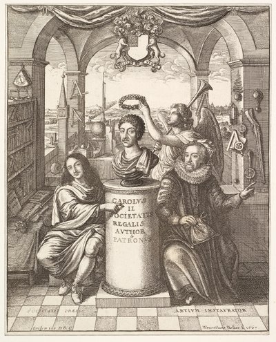 Frontispice van The History of the Royal Society of London door Thomas Spratt, uitgegeven 1702 door Wenceslaus Hollar