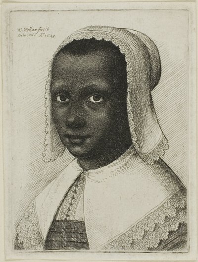 Hoofd van een zwarte vrouw met een kanten muts door Wenceslaus Hollar