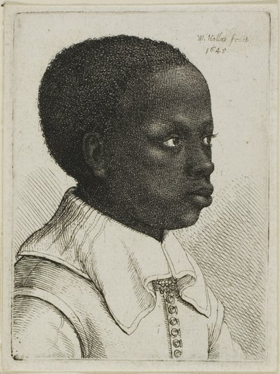 Hoofd van een jonge zwarte jongen in profiel naar rechts door Wenceslaus Hollar