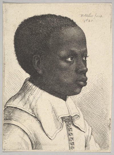 Hoofd van een jonge zwarte jongen in profiel naar rechts door Wenceslaus Hollar