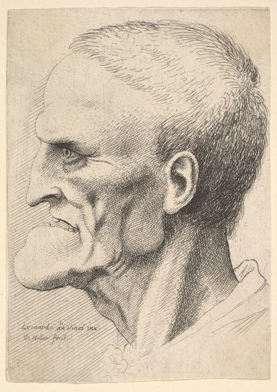 Hoofd van een oude man met een uitgesproken kin, kort geknipt haar en gapende mond, 1625-77 door Wenceslaus Hollar