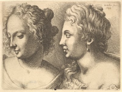 Hoofden van twee jonge vrouwen door Wenceslaus Hollar