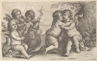 Jezus en Sint Jan omhelzen elkaar, met cherubijnen door Wenceslaus Hollar