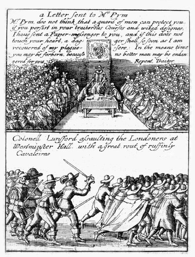 John Pym leest een brief voor in het Lagerhuis; Kolonel Thomas Lunsford en zijn soldaten vallen Londenaren aan door Wenceslaus Hollar