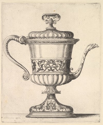 Kan met deksel, gegraveerd met arabesk patroon, de smalle tuit rechts eindigend in slang door Wenceslaus Hollar