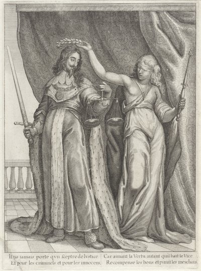 Koning Karel I van Engeland gelauwerd door Justitia door Wenceslaus Hollar
