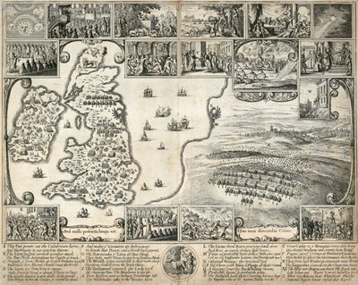 Kaart van de Britse Eilanden en illustraties van 17e-eeuwse historische gebeurtenissen, c1659 door Wenceslaus Hollar