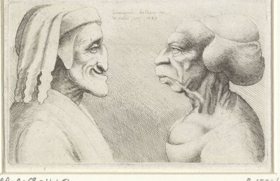 Misvormde karikatuurkoppen van een man met muts (Dante?) en vrouw door Wenceslaus Hollar