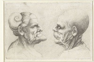 Misvormde koppen van een kale man en vrouw met hoornen op het hoofd door Wenceslaus Hollar