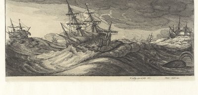 Oorlogsschepen en een walvis in een zeestorm door Wenceslaus Hollar