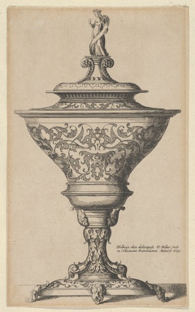 Sierlijke beker op voeten van maskers door Wenceslaus Hollar