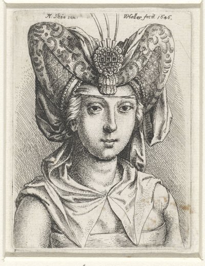 Portret van vrouw met V-vormige bourrelet op het hoofd door Wenceslaus Hollar