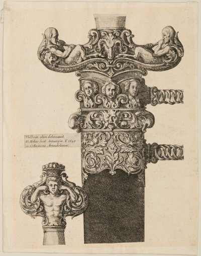 Afdruk van ontwerpen voor een pommel, quillons en slot door Wenceslaus Hollar