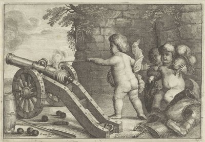 Putti schieten kanon af: Het element Vuur door Wenceslaus Hollar