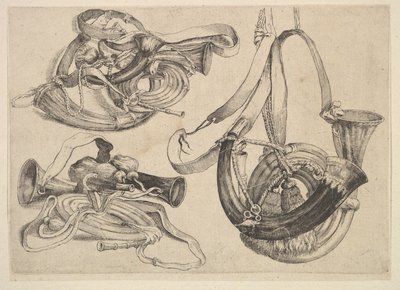 Zeven jachthoorns in drie groepen door Wenceslaus Hollar