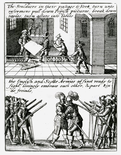 Soldaten vernietigen religieuze beelden in een kerk; Engelse en Schotse soldaten omarmen elkaar door Wenceslaus Hollar