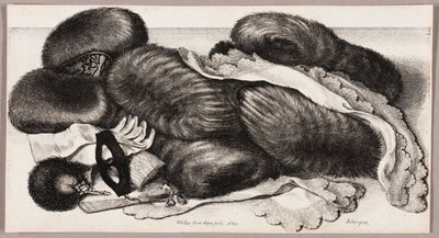 Stilleven met een groep mofjes, een paar handschoenen en twee zakdoeken door Wenceslaus Hollar